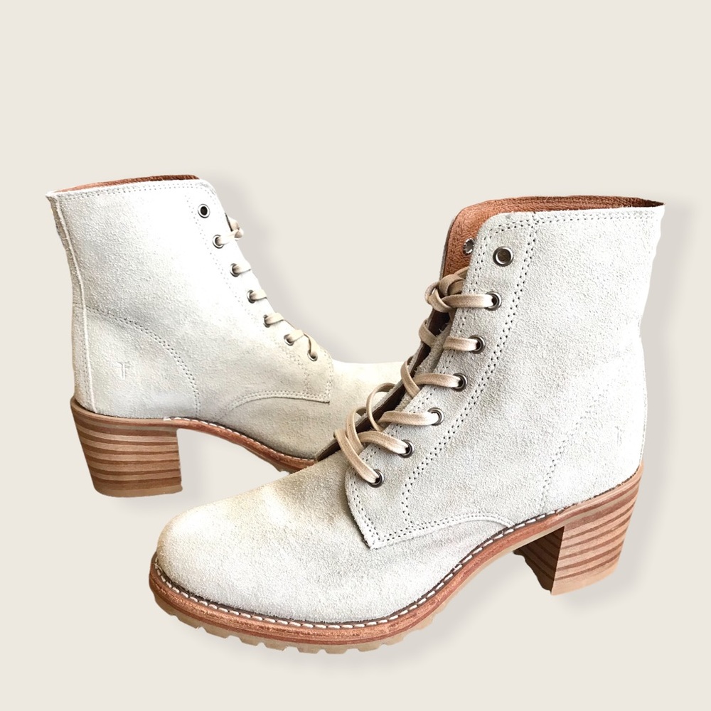 TRENDING Frye Sabrina 6G White Grey Suede Leather Lace Up Moto Combat Ankle Boot - Picture 12 of 16
